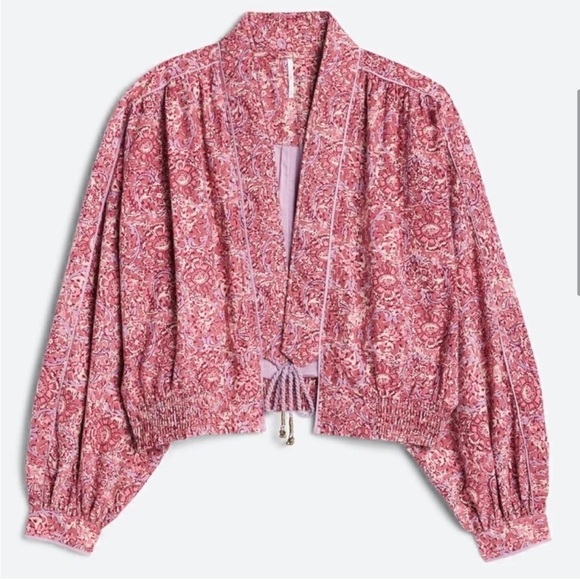 Free People Rosalina Tie‎ Front Jacket Barbie Core Cropped Paisley Mocha Convo M - Picture 11 of 16